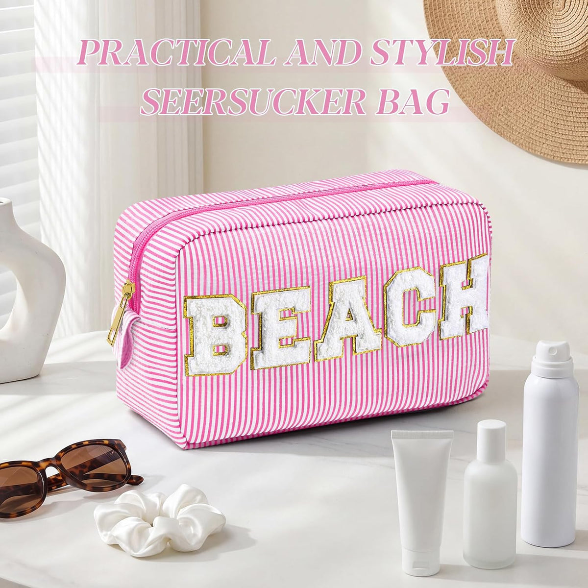 Seersucker Cosmetic Bags Baby Bag Chenille Letter Baby Toiletry Bag Stripe Diaper Pouch Large Preppy Storage Pouch Toiletry Travel Organizer, Gifts for Mom Women