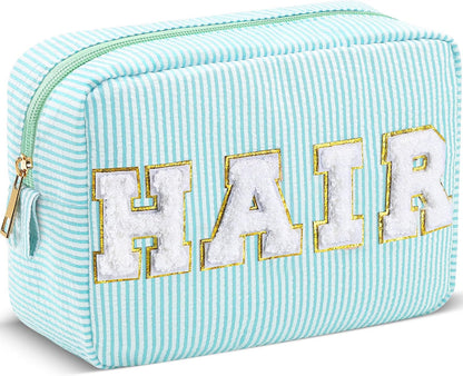 Seersucker Cosmetic Bags Baby Bag Chenille Letter Baby Toiletry Bag Stripe Diaper Pouch Large Preppy Storage Pouch Toiletry Travel Organizer, Gifts for Mom Women