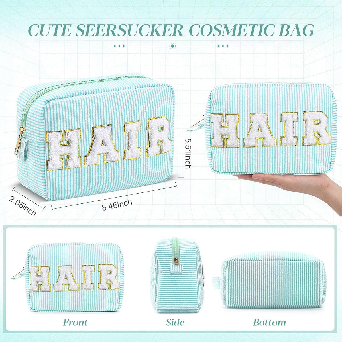 Seersucker Cosmetic Bags Baby Bag Chenille Letter Baby Toiletry Bag Stripe Diaper Pouch Large Preppy Storage Pouch Toiletry Travel Organizer, Gifts for Mom Women