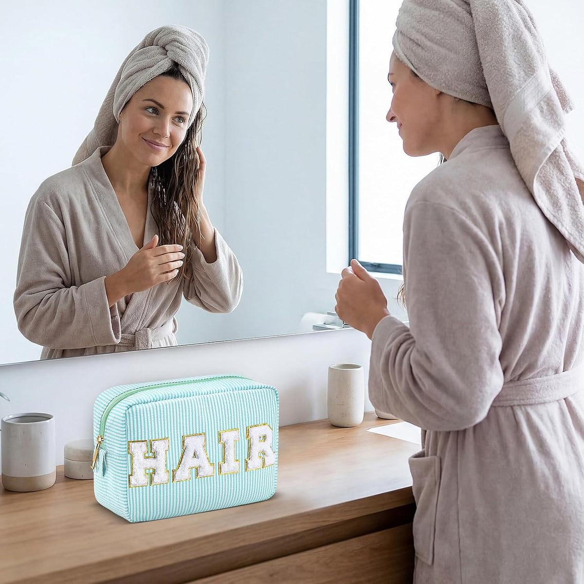Seersucker Cosmetic Bags Baby Bag Chenille Letter Baby Toiletry Bag Stripe Diaper Pouch Large Preppy Storage Pouch Toiletry Travel Organizer, Gifts for Mom Women