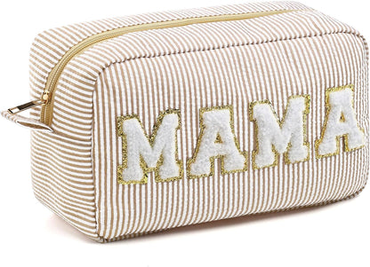 Seersucker Cosmetic Bags Baby Bag Chenille Letter Baby Toiletry Bag Stripe Diaper Pouch Large Preppy Storage Pouch Toiletry Travel Organizer, Gifts for Mom Women