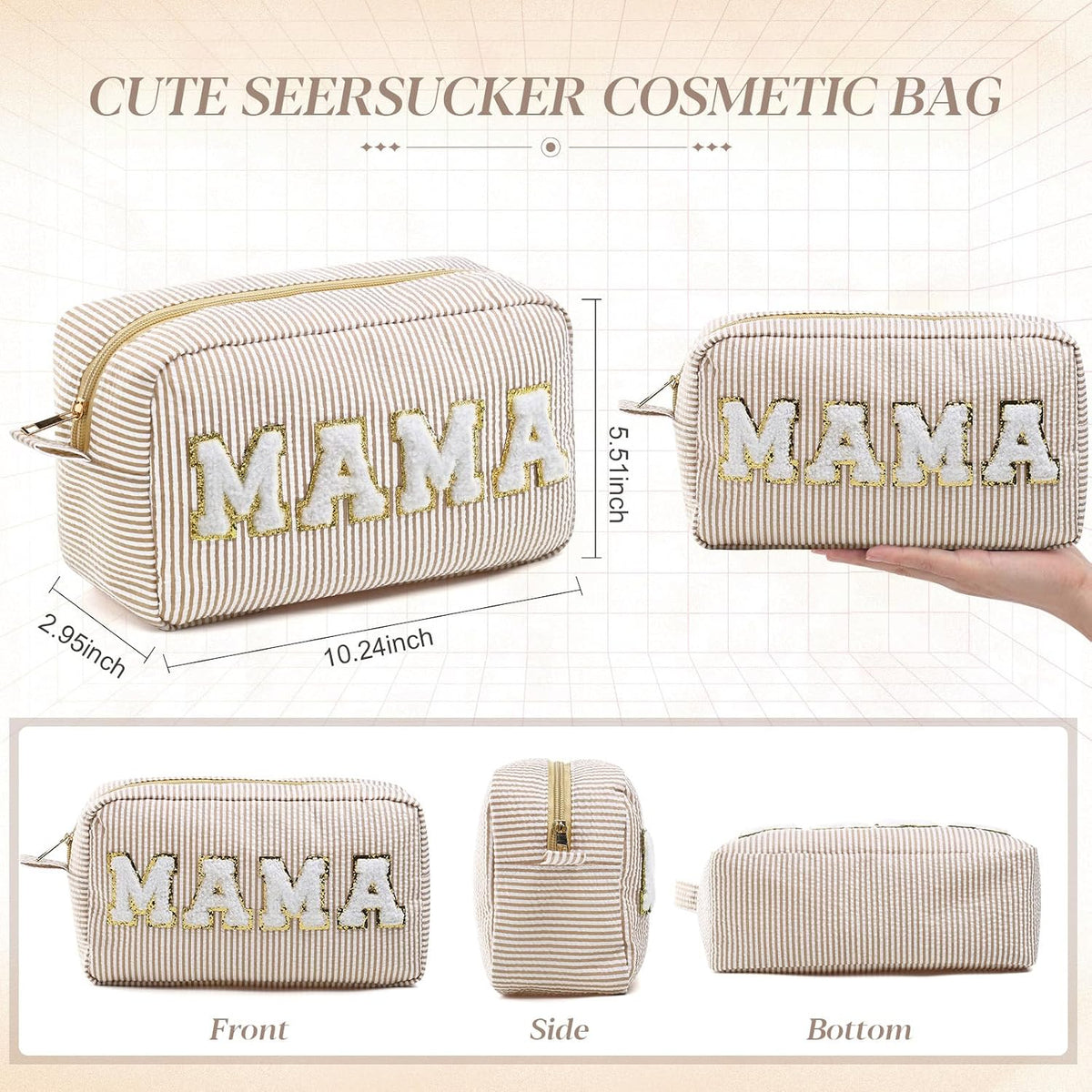 Seersucker Cosmetic Bags Baby Bag Chenille Letter Baby Toiletry Bag Stripe Diaper Pouch Large Preppy Storage Pouch Toiletry Travel Organizer, Gifts for Mom Women