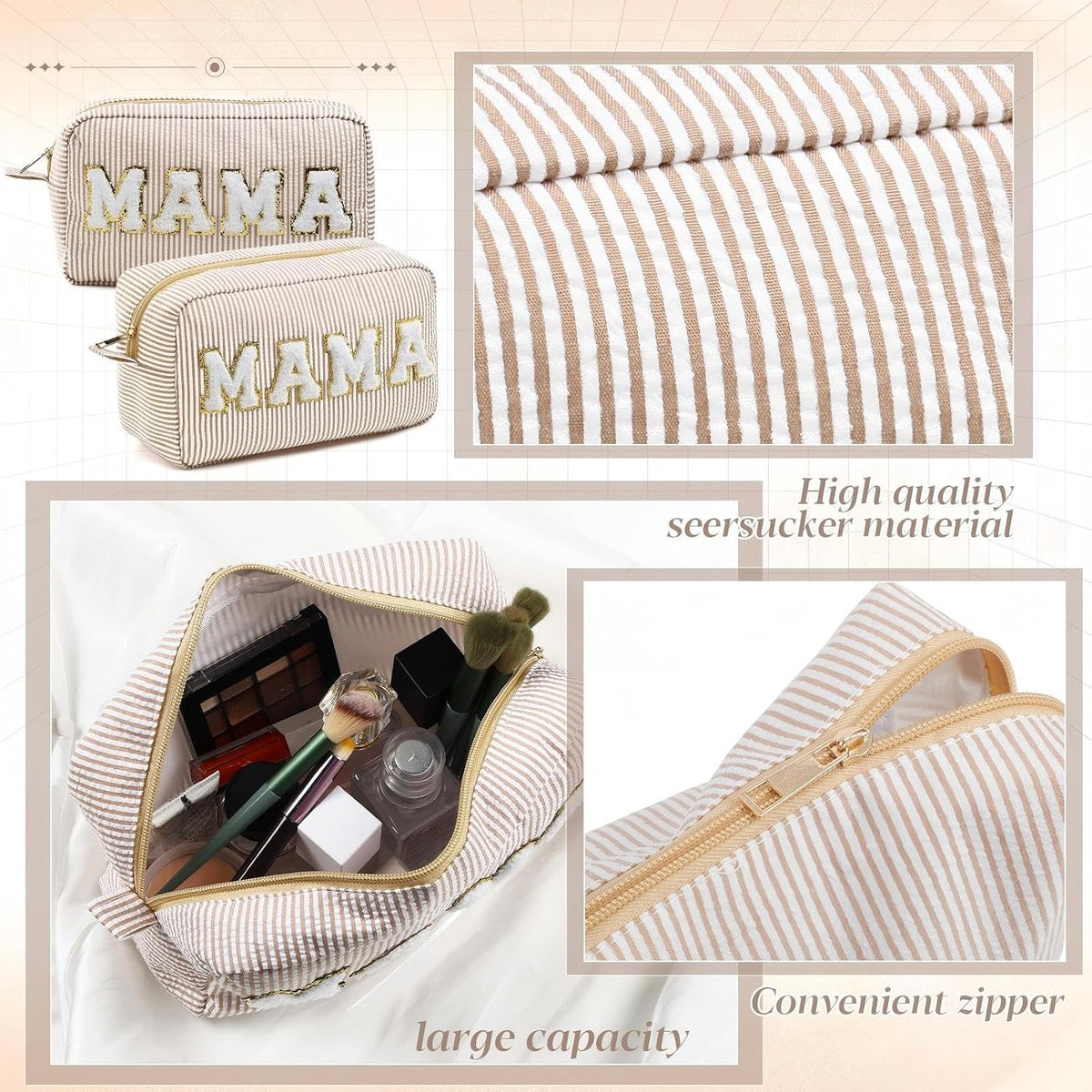 Seersucker Cosmetic Bags Baby Bag Chenille Letter Baby Toiletry Bag Stripe Diaper Pouch Large Preppy Storage Pouch Toiletry Travel Organizer, Gifts for Mom Women