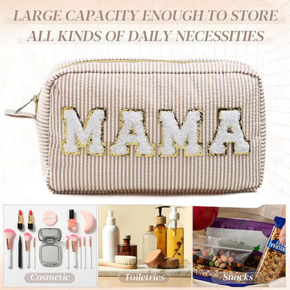 Seersucker Cosmetic Bags Baby Bag Chenille Letter Baby Toiletry Bag Stripe Diaper Pouch Large Preppy Storage Pouch Toiletry Travel Organizer, Gifts for Mom Women