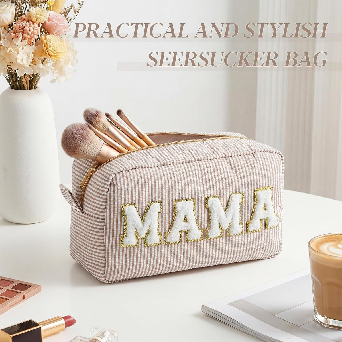 Seersucker Cosmetic Bags Baby Bag Chenille Letter Baby Toiletry Bag Stripe Diaper Pouch Large Preppy Storage Pouch Toiletry Travel Organizer, Gifts for Mom Women