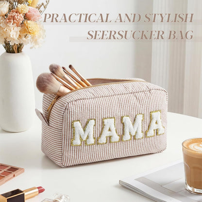 Seersucker Cosmetic Bags Baby Bag Chenille Letter Baby Toiletry Bag Stripe Diaper Pouch Large Preppy Storage Pouch Toiletry Travel Organizer, Gifts for Mom Women