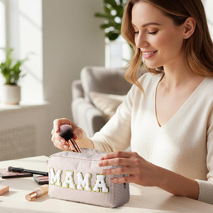 Seersucker Cosmetic Bags Baby Bag Chenille Letter Baby Toiletry Bag Stripe Diaper Pouch Large Preppy Storage Pouch Toiletry Travel Organizer, Gifts for Mom Women
