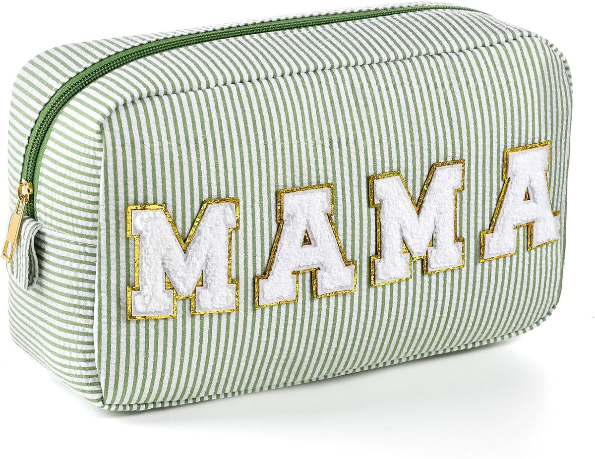 Seersucker Cosmetic Bags Baby Bag Chenille Letter Baby Toiletry Bag Stripe Diaper Pouch Large Preppy Storage Pouch Toiletry Travel Organizer, Gifts for Mom Women