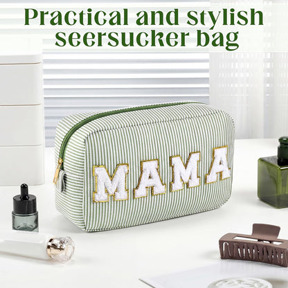 Seersucker Cosmetic Bags Baby Bag Chenille Letter Baby Toiletry Bag Stripe Diaper Pouch Large Preppy Storage Pouch Toiletry Travel Organizer, Gifts for Mom Women