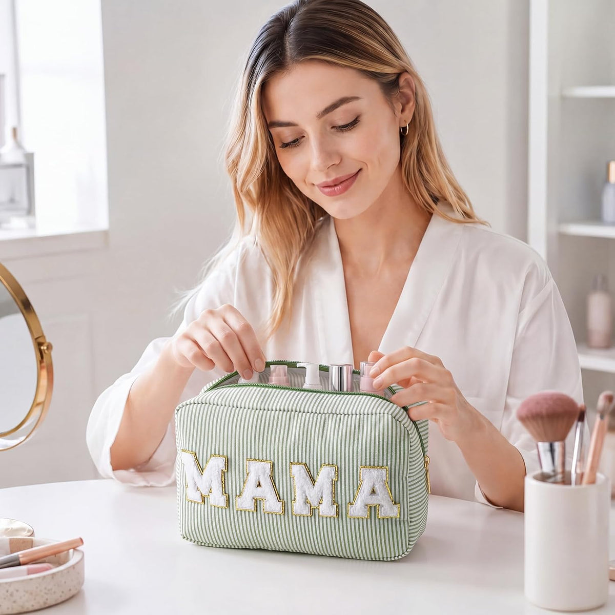 Seersucker Cosmetic Bags Baby Bag Chenille Letter Baby Toiletry Bag Stripe Diaper Pouch Large Preppy Storage Pouch Toiletry Travel Organizer, Gifts for Mom Women