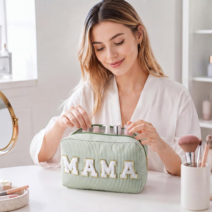 Seersucker Cosmetic Bags Baby Bag Chenille Letter Baby Toiletry Bag Stripe Diaper Pouch Large Preppy Storage Pouch Toiletry Travel Organizer, Gifts for Mom Women