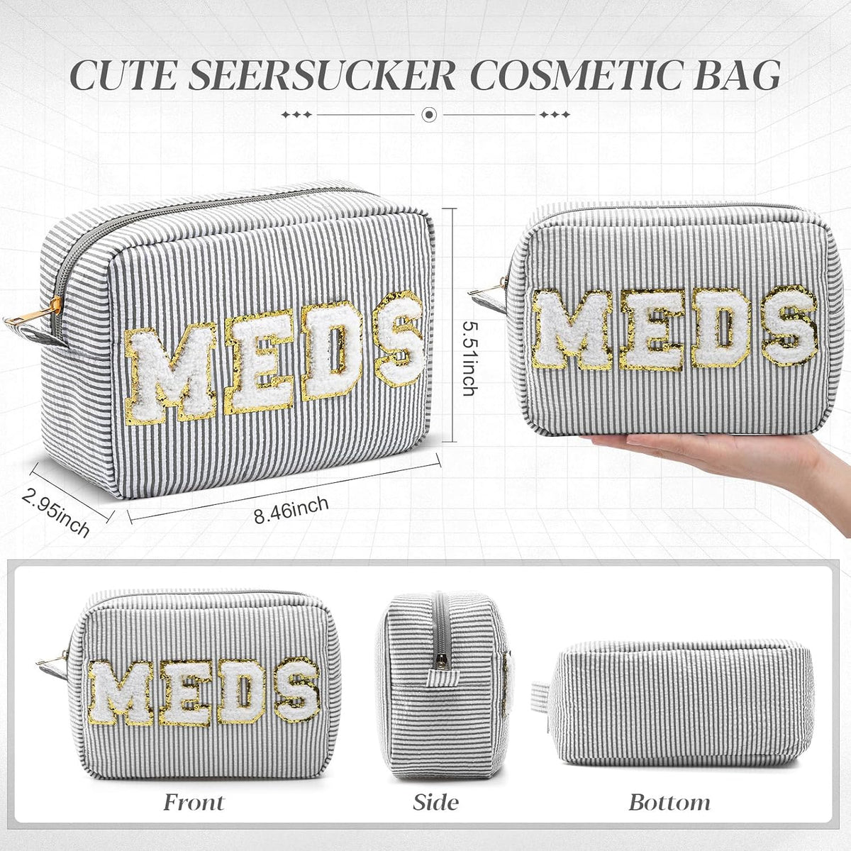 Seersucker Cosmetic Bags Baby Bag Chenille Letter Baby Toiletry Bag Stripe Diaper Pouch Large Preppy Storage Pouch Toiletry Travel Organizer, Gifts for Mom Women