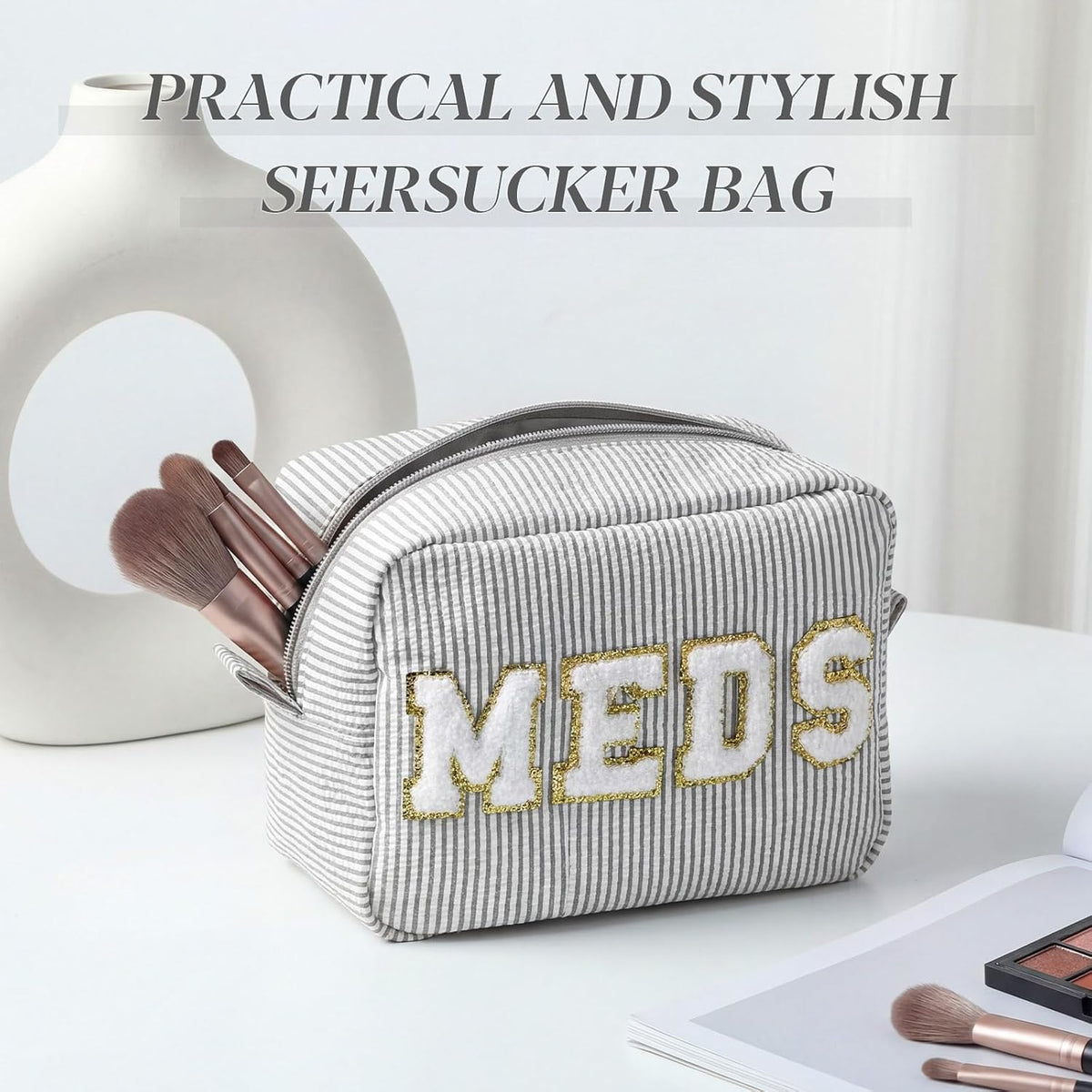 Seersucker Cosmetic Bags Baby Bag Chenille Letter Baby Toiletry Bag Stripe Diaper Pouch Large Preppy Storage Pouch Toiletry Travel Organizer, Gifts for Mom Women