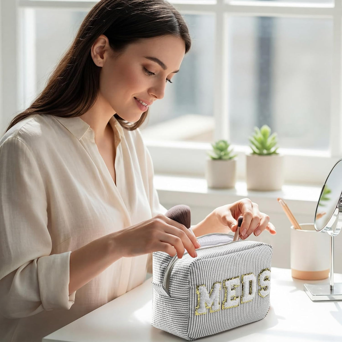 Seersucker Cosmetic Bags Baby Bag Chenille Letter Baby Toiletry Bag Stripe Diaper Pouch Large Preppy Storage Pouch Toiletry Travel Organizer, Gifts for Mom Women
