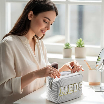 Seersucker Cosmetic Bags Baby Bag Chenille Letter Baby Toiletry Bag Stripe Diaper Pouch Large Preppy Storage Pouch Toiletry Travel Organizer, Gifts for Mom Women