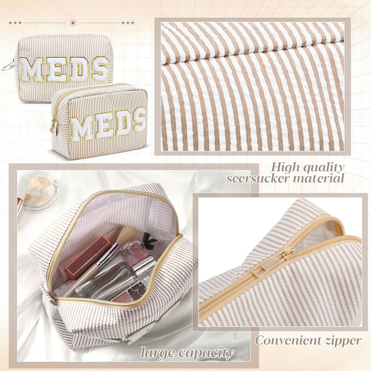 Seersucker Cosmetic Bags Baby Bag Chenille Letter Baby Toiletry Bag Stripe Diaper Pouch Large Preppy Storage Pouch Toiletry Travel Organizer, Gifts for Mom Women