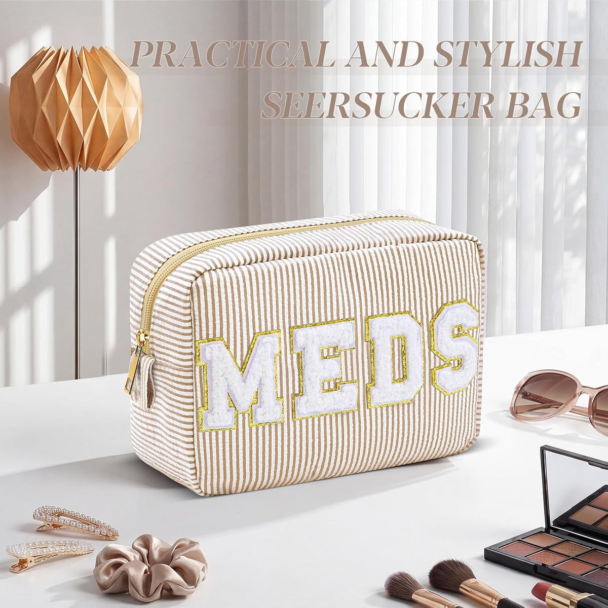 Seersucker Cosmetic Bags Baby Bag Chenille Letter Baby Toiletry Bag Stripe Diaper Pouch Large Preppy Storage Pouch Toiletry Travel Organizer, Gifts for Mom Women