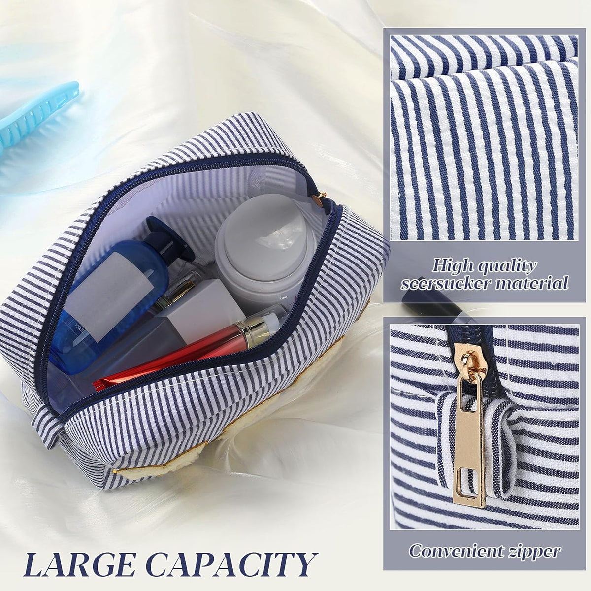 Seersucker Cosmetic Bags Baby Bag Chenille Letter Baby Toiletry Bag Stripe Diaper Pouch Large Preppy Storage Pouch Toiletry Travel Organizer, Gifts for Mom Women