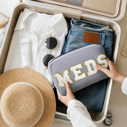 Seersucker Cosmetic Bags Baby Bag Chenille Letter Baby Toiletry Bag Stripe Diaper Pouch Large Preppy Storage Pouch Toiletry Travel Organizer, Gifts for Mom Women