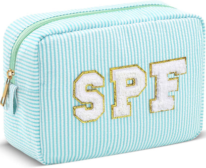 Seersucker Cosmetic Bags Baby Bag Chenille Letter Baby Toiletry Bag Stripe Diaper Pouch Large Preppy Storage Pouch Toiletry Travel Organizer, Gifts for Mom Women