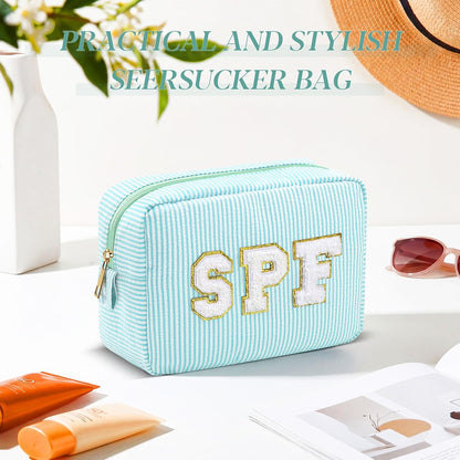 Seersucker Cosmetic Bags Baby Bag Chenille Letter Baby Toiletry Bag Stripe Diaper Pouch Large Preppy Storage Pouch Toiletry Travel Organizer, Gifts for Mom Women