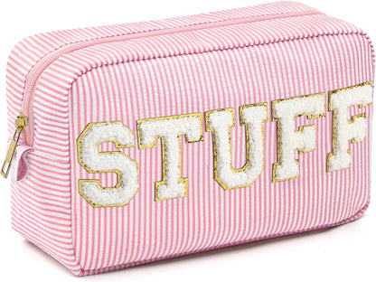 Seersucker Cosmetic Bags Baby Bag Chenille Letter Baby Toiletry Bag Stripe Diaper Pouch Large Preppy Storage Pouch Toiletry Travel Organizer, Gifts for Mom Women