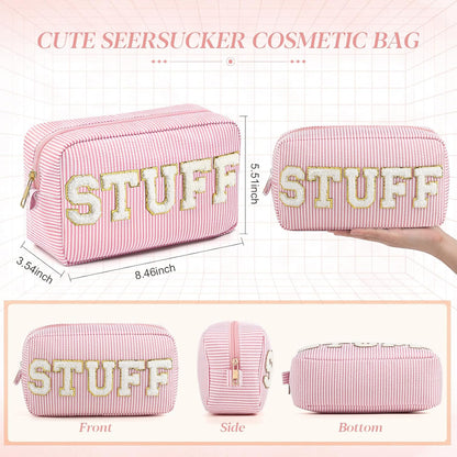 Seersucker Cosmetic Bags Baby Bag Chenille Letter Baby Toiletry Bag Stripe Diaper Pouch Large Preppy Storage Pouch Toiletry Travel Organizer, Gifts for Mom Women