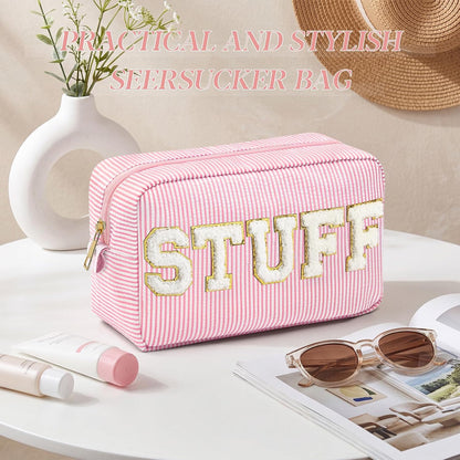 Seersucker Cosmetic Bags Baby Bag Chenille Letter Baby Toiletry Bag Stripe Diaper Pouch Large Preppy Storage Pouch Toiletry Travel Organizer, Gifts for Mom Women