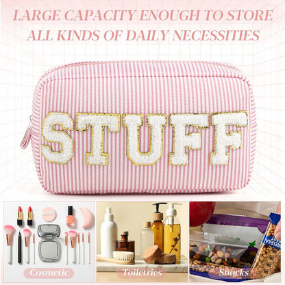 Seersucker Cosmetic Bags Baby Bag Chenille Letter Baby Toiletry Bag Stripe Diaper Pouch Large Preppy Storage Pouch Toiletry Travel Organizer, Gifts for Mom Women