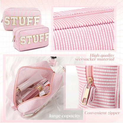 Seersucker Cosmetic Bags Baby Bag Chenille Letter Baby Toiletry Bag Stripe Diaper Pouch Large Preppy Storage Pouch Toiletry Travel Organizer, Gifts for Mom Women