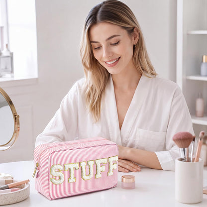 Seersucker Cosmetic Bags Baby Bag Chenille Letter Baby Toiletry Bag Stripe Diaper Pouch Large Preppy Storage Pouch Toiletry Travel Organizer, Gifts for Mom Women