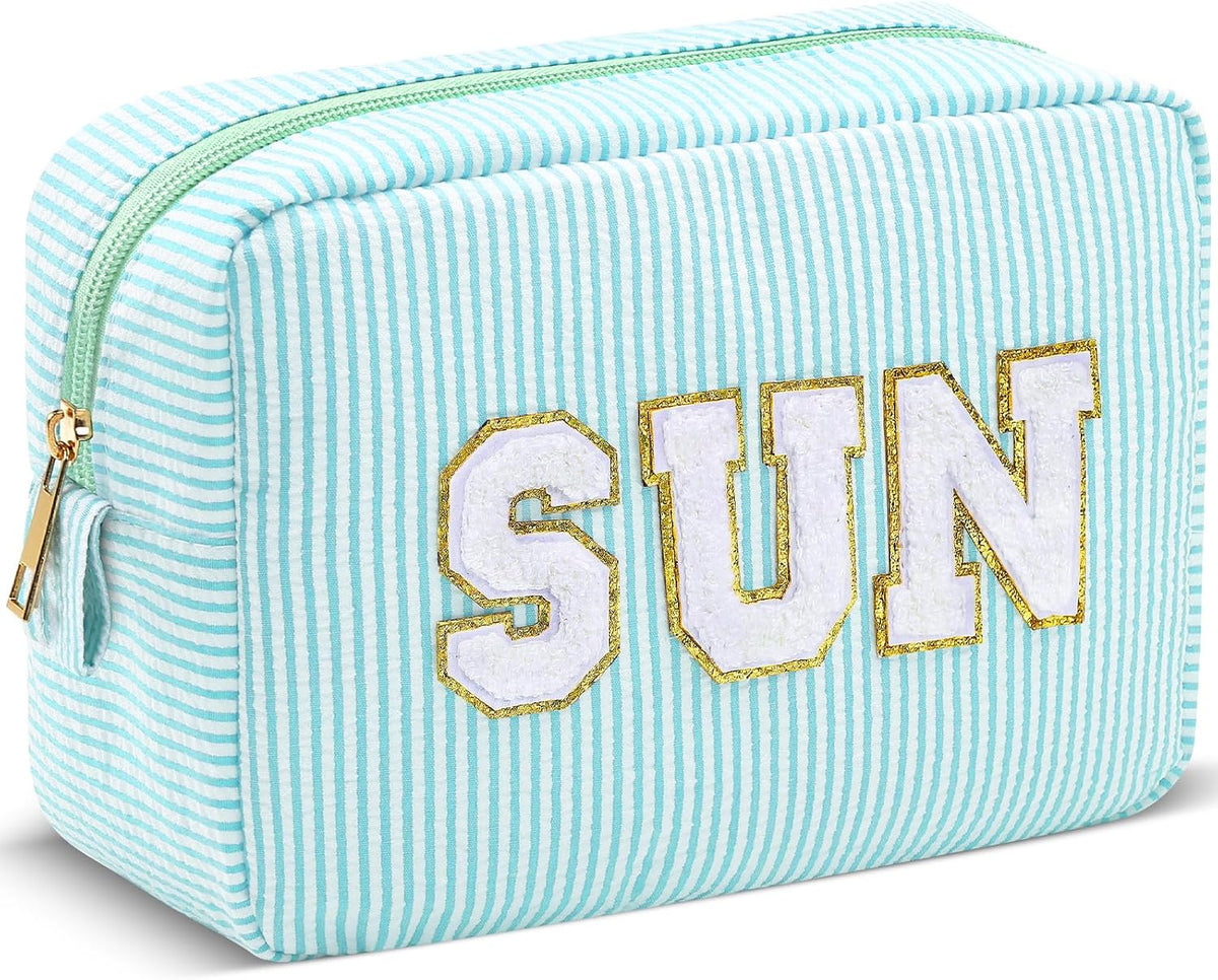 Seersucker Cosmetic Bags Baby Bag Chenille Letter Baby Toiletry Bag Stripe Diaper Pouch Large Preppy Storage Pouch Toiletry Travel Organizer, Gifts for Mom Women