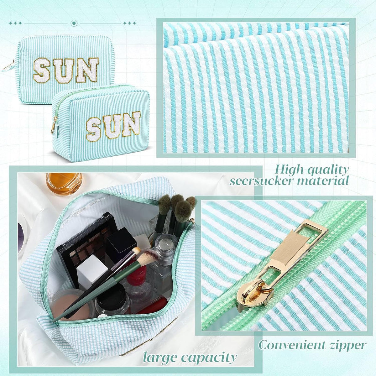 Seersucker Cosmetic Bags Baby Bag Chenille Letter Baby Toiletry Bag Stripe Diaper Pouch Large Preppy Storage Pouch Toiletry Travel Organizer, Gifts for Mom Women