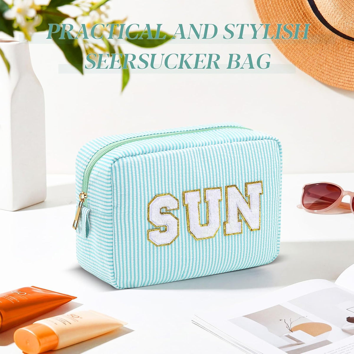 Seersucker Cosmetic Bags Baby Bag Chenille Letter Baby Toiletry Bag Stripe Diaper Pouch Large Preppy Storage Pouch Toiletry Travel Organizer, Gifts for Mom Women
