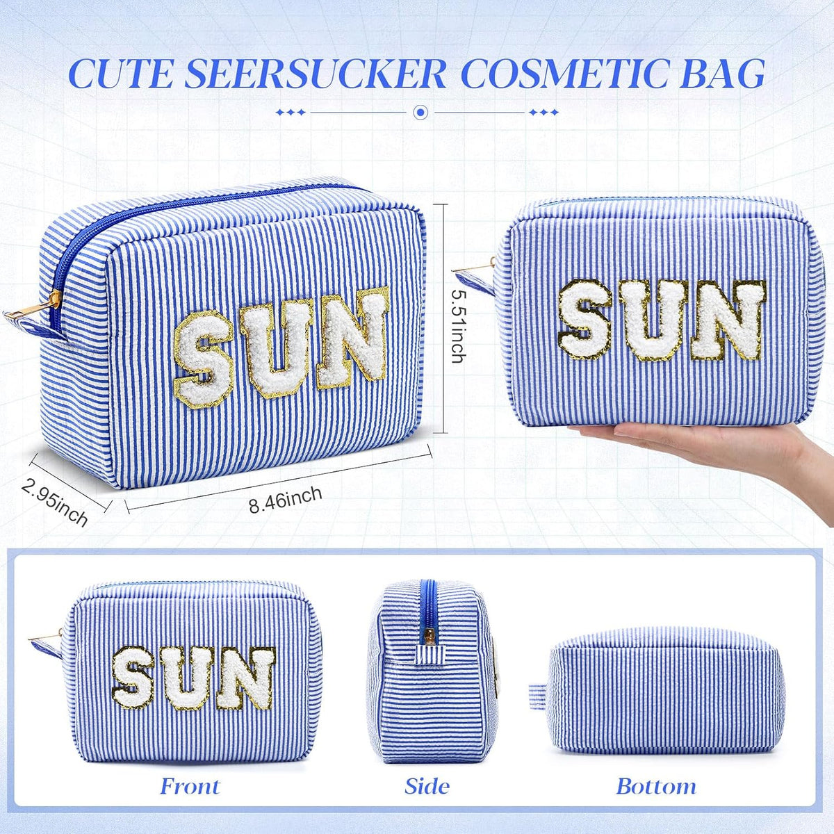 Seersucker Cosmetic Bags Baby Bag Chenille Letter Baby Toiletry Bag Stripe Diaper Pouch Large Preppy Storage Pouch Toiletry Travel Organizer, Gifts for Mom Women