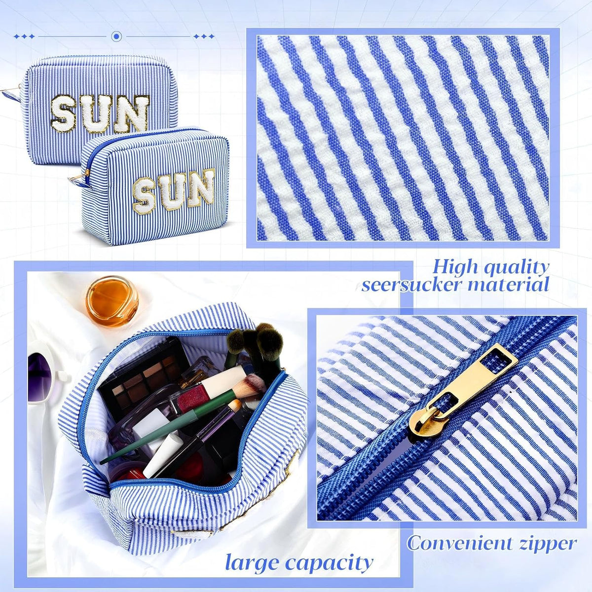 Seersucker Cosmetic Bags Baby Bag Chenille Letter Baby Toiletry Bag Stripe Diaper Pouch Large Preppy Storage Pouch Toiletry Travel Organizer, Gifts for Mom Women