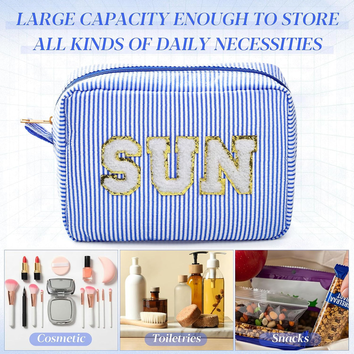 Seersucker Cosmetic Bags Baby Bag Chenille Letter Baby Toiletry Bag Stripe Diaper Pouch Large Preppy Storage Pouch Toiletry Travel Organizer, Gifts for Mom Women