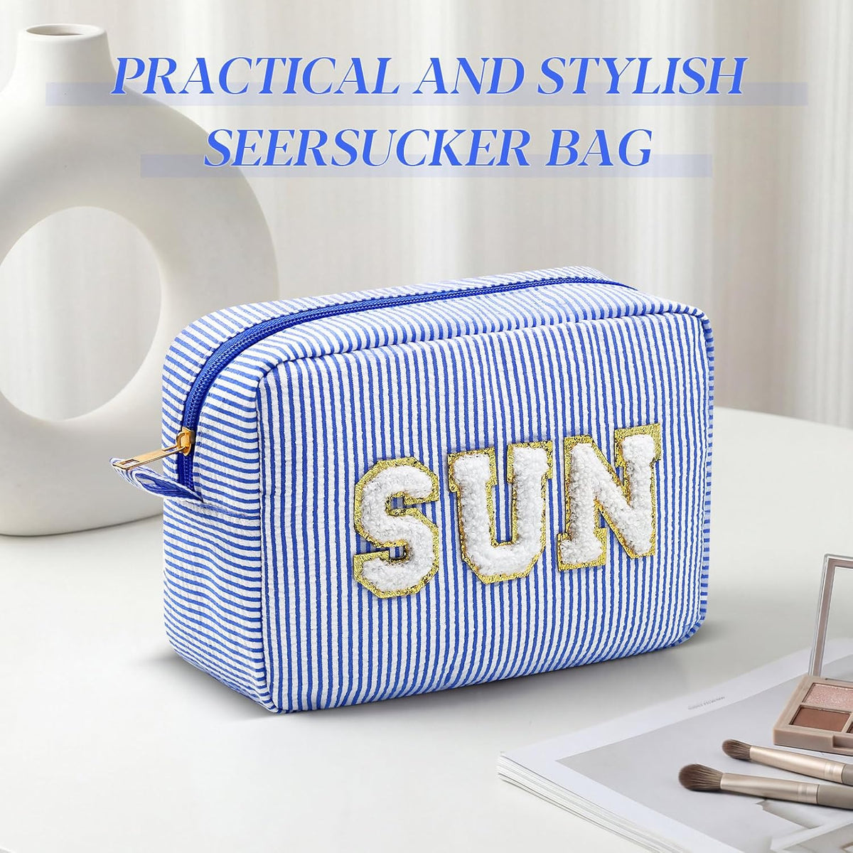 Seersucker Cosmetic Bags Baby Bag Chenille Letter Baby Toiletry Bag Stripe Diaper Pouch Large Preppy Storage Pouch Toiletry Travel Organizer, Gifts for Mom Women