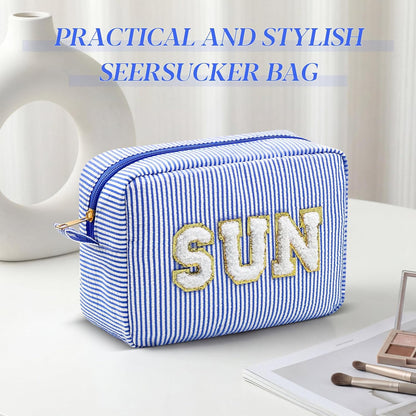 Seersucker Cosmetic Bags Baby Bag Chenille Letter Baby Toiletry Bag Stripe Diaper Pouch Large Preppy Storage Pouch Toiletry Travel Organizer, Gifts for Mom Women
