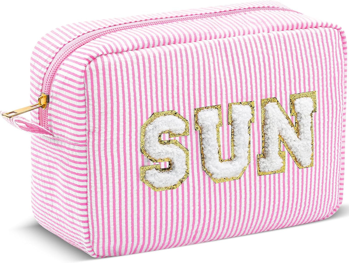 Seersucker Cosmetic Bags Baby Bag Chenille Letter Baby Toiletry Bag Stripe Diaper Pouch Large Preppy Storage Pouch Toiletry Travel Organizer, Gifts for Mom Women