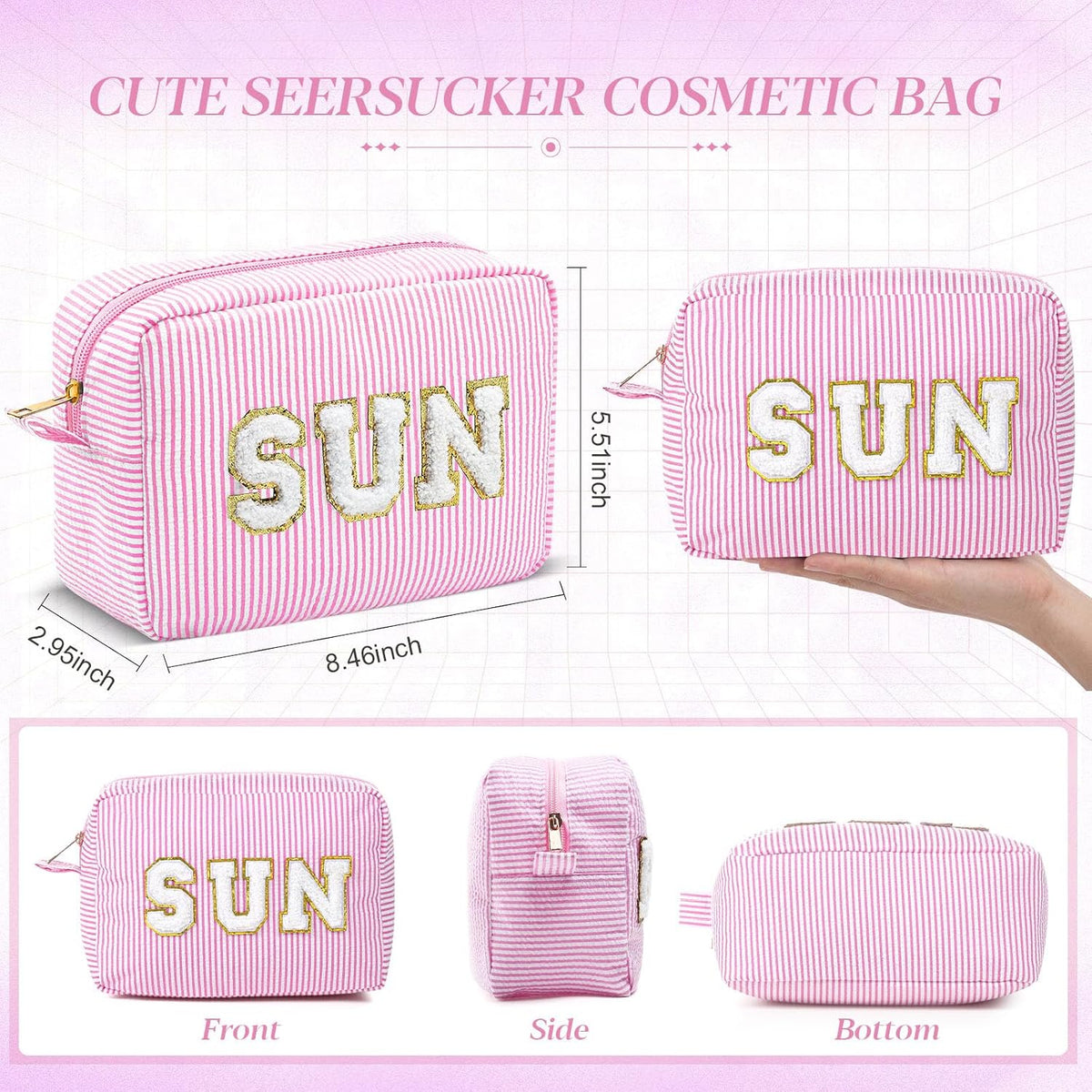 Seersucker Cosmetic Bags Baby Bag Chenille Letter Baby Toiletry Bag Stripe Diaper Pouch Large Preppy Storage Pouch Toiletry Travel Organizer, Gifts for Mom Women
