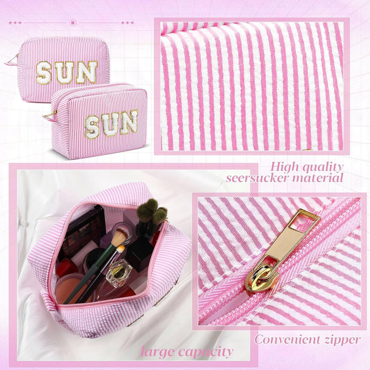Seersucker Cosmetic Bags Baby Bag Chenille Letter Baby Toiletry Bag Stripe Diaper Pouch Large Preppy Storage Pouch Toiletry Travel Organizer, Gifts for Mom Women