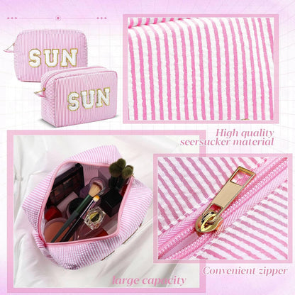 Seersucker Cosmetic Bags Baby Bag Chenille Letter Baby Toiletry Bag Stripe Diaper Pouch Large Preppy Storage Pouch Toiletry Travel Organizer, Gifts for Mom Women