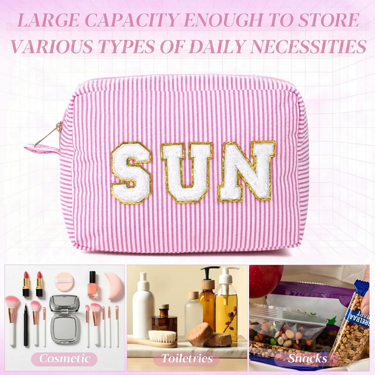 Seersucker Cosmetic Bags Baby Bag Chenille Letter Baby Toiletry Bag Stripe Diaper Pouch Large Preppy Storage Pouch Toiletry Travel Organizer, Gifts for Mom Women