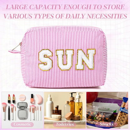 Seersucker Cosmetic Bags Baby Bag Chenille Letter Baby Toiletry Bag Stripe Diaper Pouch Large Preppy Storage Pouch Toiletry Travel Organizer, Gifts for Mom Women