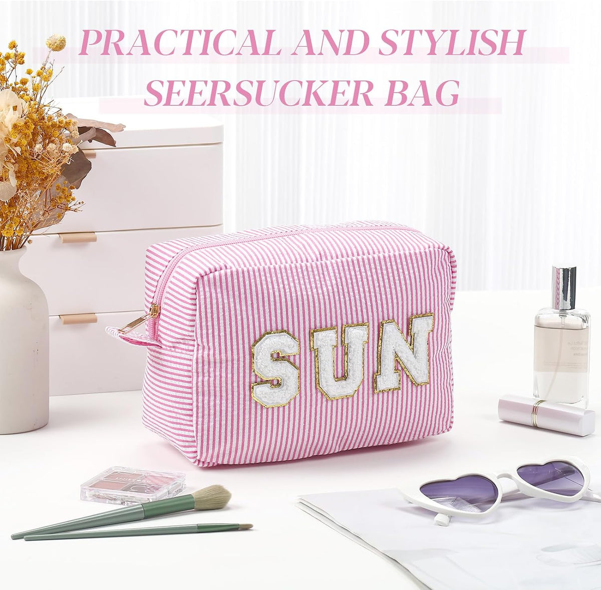Seersucker Cosmetic Bags Baby Bag Chenille Letter Baby Toiletry Bag Stripe Diaper Pouch Large Preppy Storage Pouch Toiletry Travel Organizer, Gifts for Mom Women