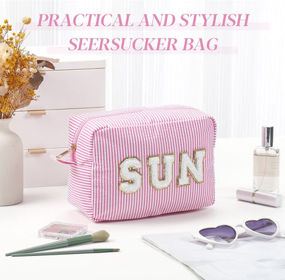 Seersucker Cosmetic Bags Baby Bag Chenille Letter Baby Toiletry Bag Stripe Diaper Pouch Large Preppy Storage Pouch Toiletry Travel Organizer, Gifts for Mom Women