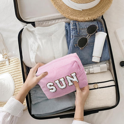 Seersucker Cosmetic Bags Baby Bag Chenille Letter Baby Toiletry Bag Stripe Diaper Pouch Large Preppy Storage Pouch Toiletry Travel Organizer, Gifts for Mom Women