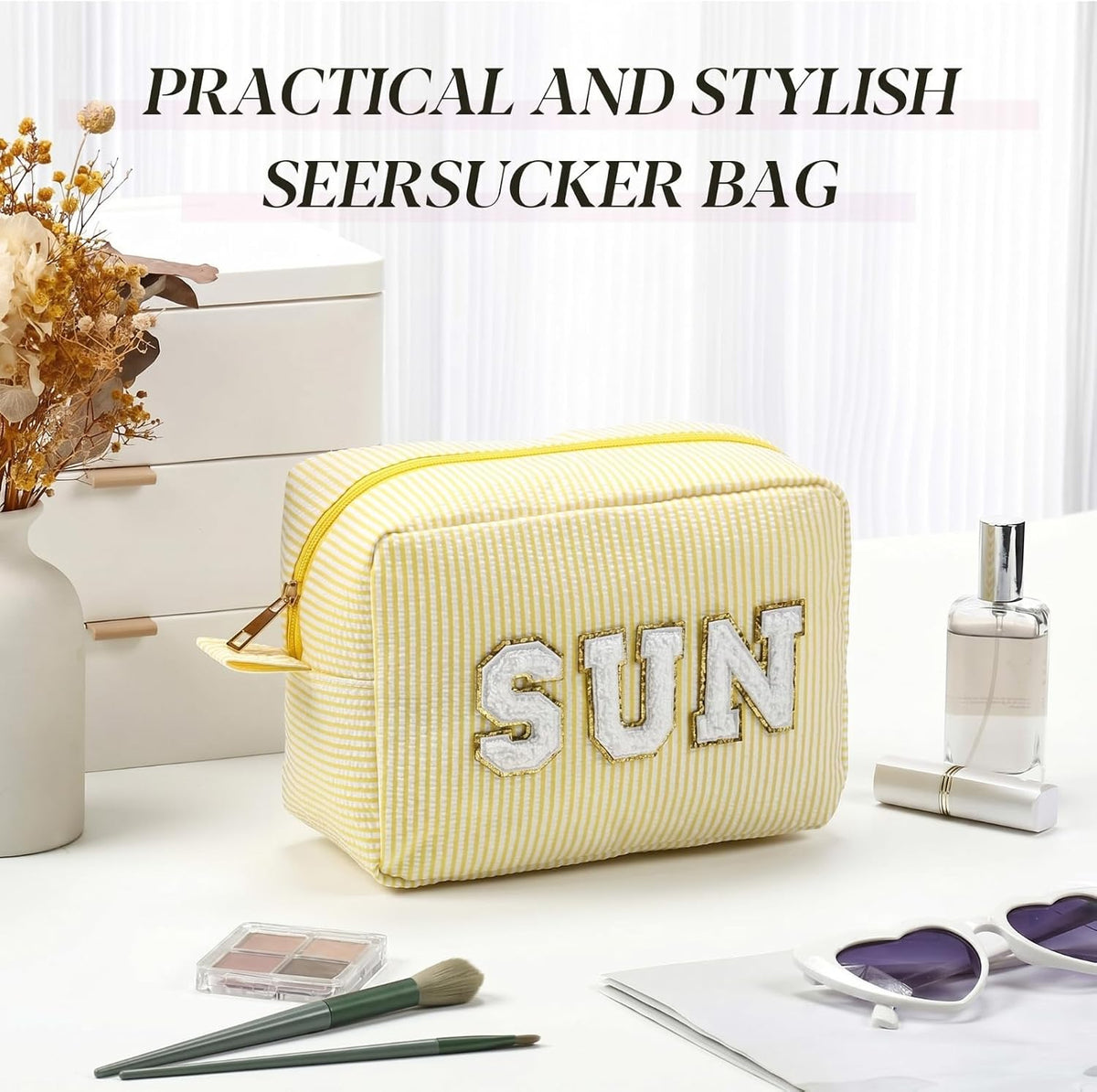 Seersucker Cosmetic Bags Baby Bag Chenille Letter Baby Toiletry Bag Stripe Diaper Pouch Large Preppy Storage Pouch Toiletry Travel Organizer, Gifts for Mom Women