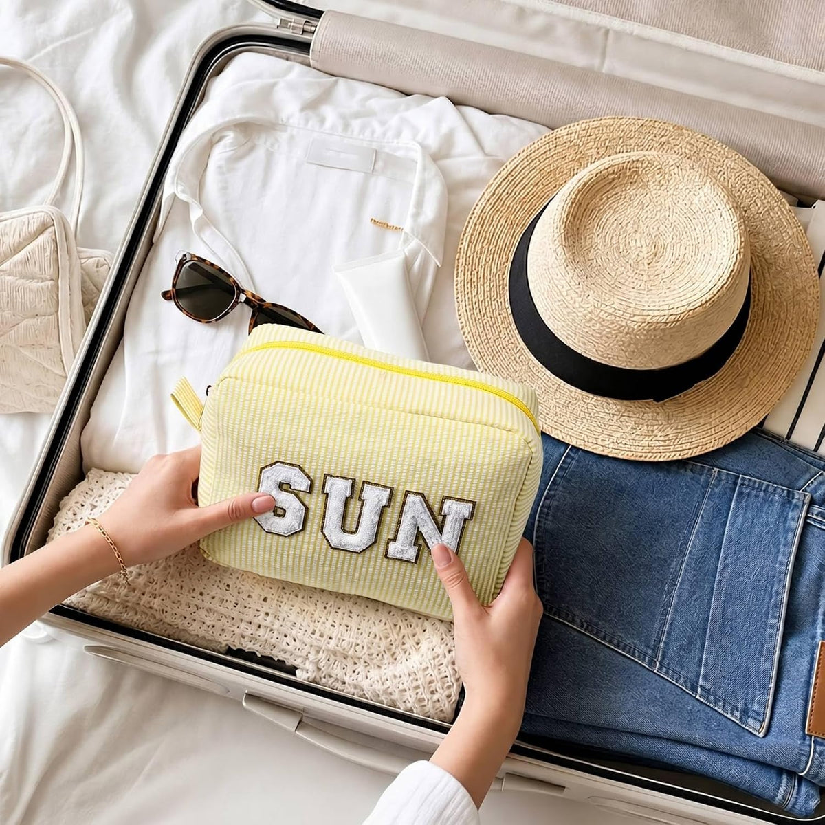 Seersucker Cosmetic Bags Baby Bag Chenille Letter Baby Toiletry Bag Stripe Diaper Pouch Large Preppy Storage Pouch Toiletry Travel Organizer, Gifts for Mom Women